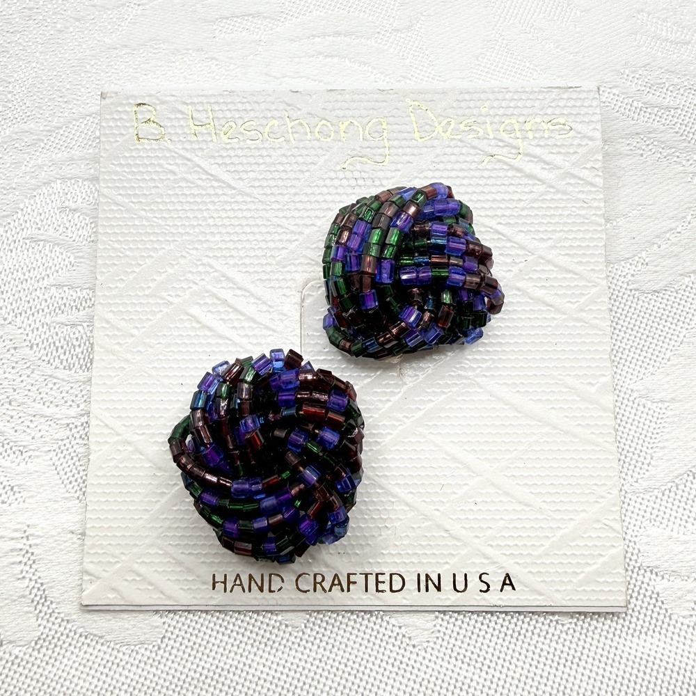 B. Heschong Designs NOS Black Blue Purple Seed Bead Woven Glam Earrings